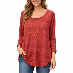 Amade Red Geometric Boho Tunic Top Long Sleeve Scoop Neck Womens Large
